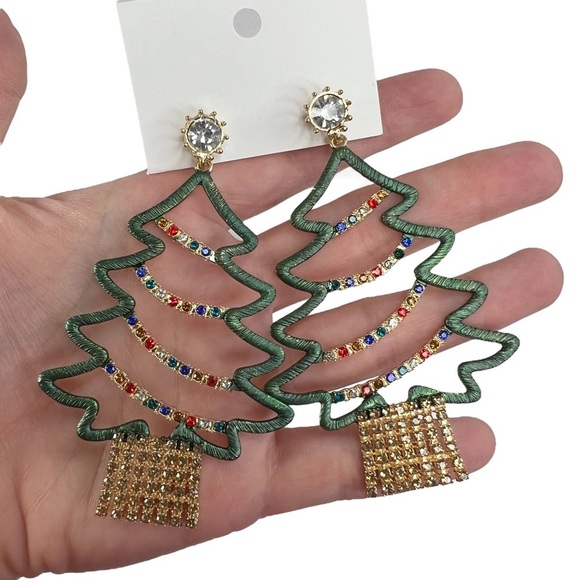 New Large Metal Rhinestone Christmas Tree Statement Earrings - Picture 2 of 6